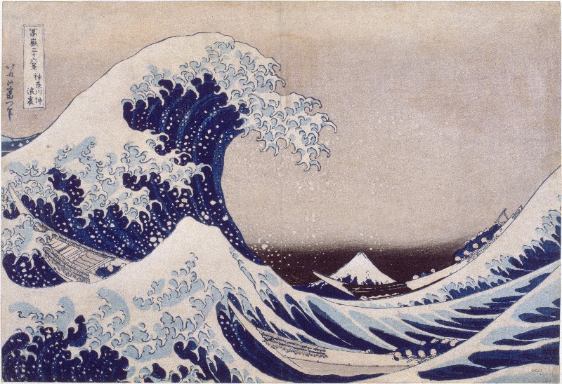 Paysages japonais. De Hokusai à Hasui : Sous la grande vague au large de la côte à Kanagawa   Série « Trente-six vues du mont Fuji » Katsushika Hokusai (1760-1849) Papier, nishiki-e, format ôban Epoque d’Edo, 1831-32 Don Henri Vever, 1894  EO 174 Photo (C) RMN-Grand Palais (musée Guimet, Paris)